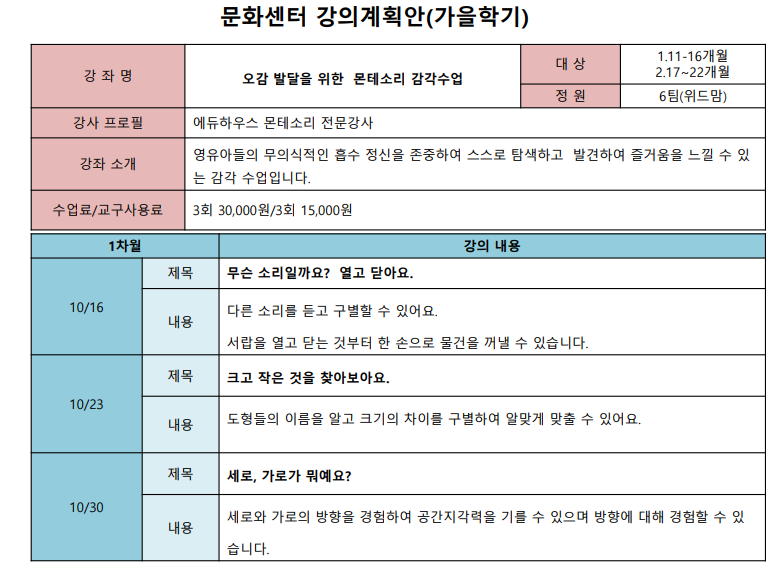 (3주강좌) 오감발달을 위한 몬테소리 감각수업 11-16개월 (10/16-10/30)